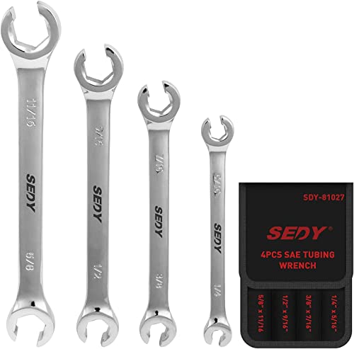 4-Piece Flare Nut Wrench Set - SAE Brake Line Wrench 1/4, 5/16, 3/8, 7/16, 1/2, 9/16, 5/8, 11/16-inch, Professional Offset Heads, Portable Organizer Pouch Included