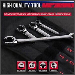 4-Piece Flare Nut Wrench Set - SAE Brake Line Wrench 1/4, 5/16, 3/8, 7/16, 1/2, 9/16, 5/8, 11/16-inch, Professional Offset Heads, Portable Organizer Pouch Included