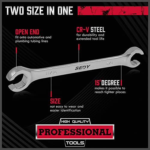 4-Piece Flare Nut Wrench Set - SAE Brake Line Wrench 1/4, 5/16, 3/8, 7/16, 1/2, 9/16, 5/8, 11/16-inch, Professional Offset Heads, Portable Organizer Pouch Included