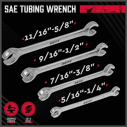 4-Piece Flare Nut Wrench Set - SAE Brake Line Wrench 1/4, 5/16, 3/8, 7/16, 1/2, 9/16, 5/8, 11/16-inch, Professional Offset Heads, Portable Organizer Pouch Included