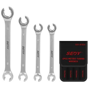 sedy 4-piece flare nut wrench set, offset end spanner metric 9,10, 11,12, 13, 14, 15, 17mm, cr-v steel, with storage pouch for repair and remove nuts on fuel, tube, hose, transmission lines