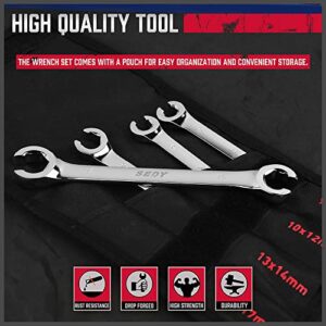 SEDY 4-Piece Flare Nut Wrench Set, Offset End Spanner Metric 9,10, 11,12, 13, 14, 15, 17mm, CR-V Steel, with Storage Pouch for Repair and Remove Nuts on Fuel, Tube, Hose, Transmission Lines