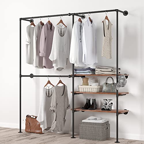 ONOTETUT Industrial Pipe Clothing Rack with Shelves,Industrial Clothing Rack for Hanging Clothes,75 Inch Wall Mounted Clothes Rack,Wall Clothes Rack,Industrial Pipe Clothes Rack With Wood Planks