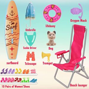 ZTWEDEN Doll Swimsuit Bikini Clothes and Beach Accessories for 11.5 Inch Girl Doll with Surfboard Diving Swim Accessories, 8 Bikini Swim Suit 3 Summer Dresses 10 Shoes Lifebuoys Beach Loungers