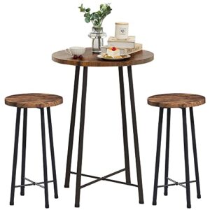 vecelo 3 piece pub set, round bistro bar table and chairs set of 2, counter height wood top,small spaces saving for dining room breakfast, classic brown