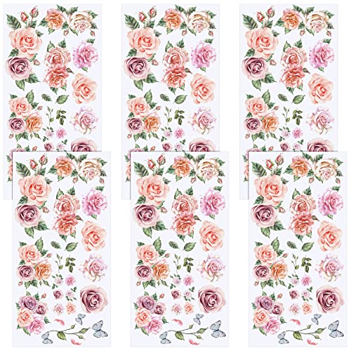 6 Sheets Flower Rub on Transfer Floral Rub on Transfers for Furniture Vintage Flower Decal Stickers for Wood Furniture Summer Flower Craft Wedding Decor, 6 x 12 Inches (Rose)