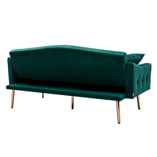 QHITTY Velvet Couch, Accent Sofa Couch Sleeper Loveseat Sofa Bed with Rose Gold Metal Feet and 2 Pillows for Living Room (Green)