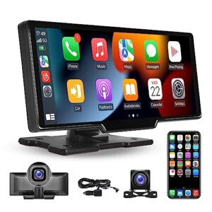 hikity portable wireless apple carplay car stereo with dash cam - 9.3 inch ips touchscreen, wireless android auto, loop recording, backup camera, bluetooth car audio receivers
