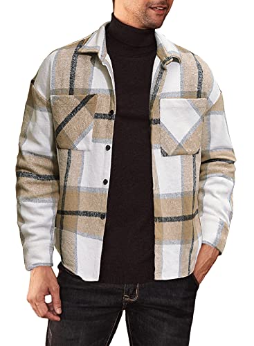 JMIERR Plaid Shacket Men Casual Button Down Shirts Long Sleeve Lightweight Classic Jackets Tops with Pockets,US 43(L),Brown