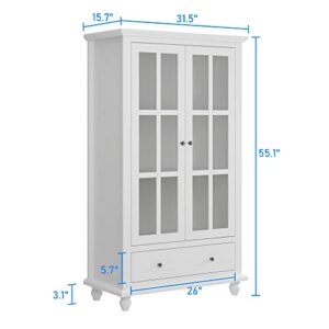 AIEGLE Storage Cabinet, Tall Display Cabinet Bookcase with Drawer & Glass Doors, Floor Locker Cabinet Bookshelf for Living Room Office, White (31.5" W x 15.7" D x 55.1" H)