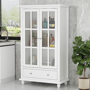 aiegle storage cabinet, tall display cabinet bookcase with drawer & glass doors, floor locker cabinet bookshelf for living room office, white (31.5" w x 15.7" d x 55.1" h)