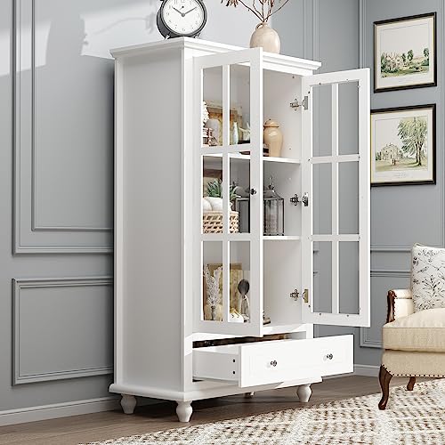 AIEGLE Storage Cabinet, Tall Display Cabinet Bookcase with Drawer & Glass Doors, Floor Locker Cabinet Bookshelf for Living Room Office, White (31.5" W x 15.7" D x 55.1" H)