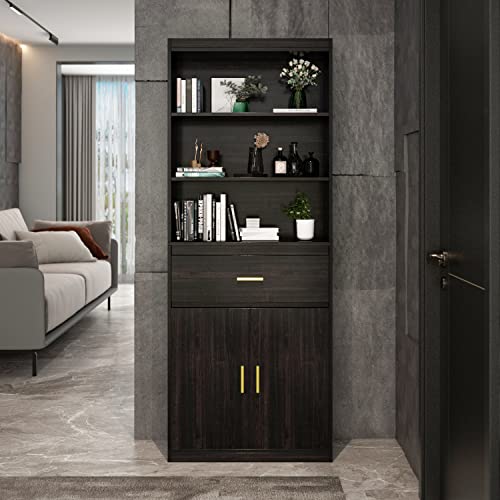 AIEGLE Tall Bookcase Storage Cabinet with Drawer & 3-Tiers Shelf, Wooden Bookshelf Display Cabinet with 2 Doors for Living Room Office, Dark Walnut (23.6" W x 11.8" D x 70.8" H)