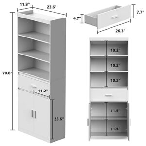 AIEGLE Tall Bookcase Storage Cabinet with Drawer & 3-Tiers Shelf, Wooden Bookshelf Display Cabinet with 2 Doors for Living Room Office, Dark Walnut (23.6" W x 11.8" D x 70.8" H)