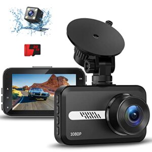 gmaipop dash cam front and rear, 1080p dash camera for cars with sd card, dual dashcams 3" ips screen, dashboard camera recorder 170° wide angle,accident lock,night version,motion detection