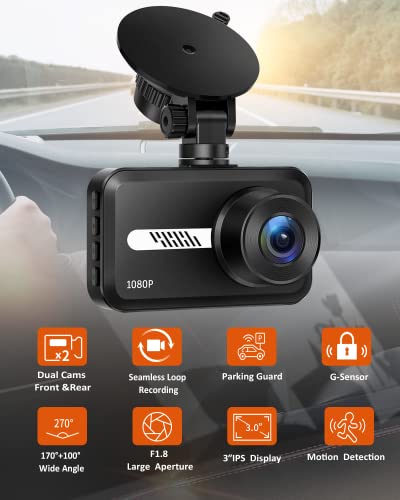 GMAIPOP Dash Cam Front and Rear, 1080P Dash Camera for Cars with SD Card, Dual Dashcams 3" IPS Screen, Dashboard Camera Recorder 170° Wide Angle,Accident Lock,Night Version,Motion Detection