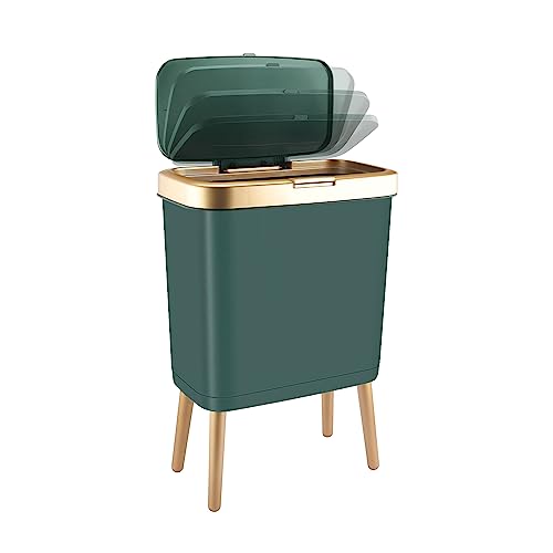 Trash Can with Lid, Plastic Garbage Can with Push Button, Modern Waste Basket for Kitchen, Slim Bedroom Garbage Bin, 15L Bathroom Trash Can for Home, Living Room, Toilet, Office (Gold Edge)