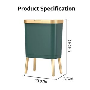 Trash Can with Lid, Plastic Garbage Can with Push Button, Modern Waste Basket for Kitchen, Slim Bedroom Garbage Bin, 15L Bathroom Trash Can for Home, Living Room, Toilet, Office (Gold Edge)