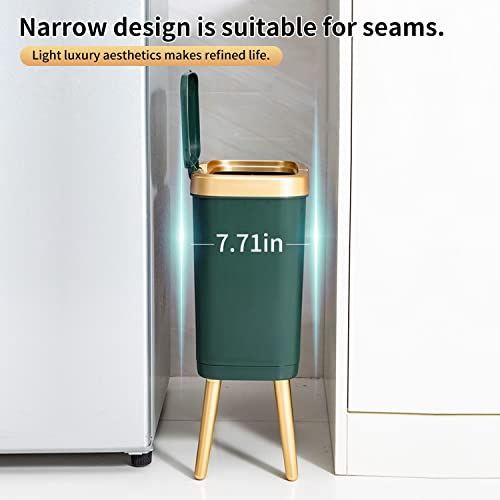 Trash Can with Lid, Plastic Garbage Can with Push Button, Modern Waste Basket for Kitchen, Slim Bedroom Garbage Bin, 15L Bathroom Trash Can for Home, Living Room, Toilet, Office (Gold Edge)