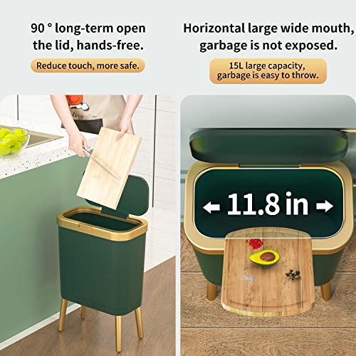 Trash Can with Lid, Plastic Garbage Can with Push Button, Modern Waste Basket for Kitchen, Slim Bedroom Garbage Bin, 15L Bathroom Trash Can for Home, Living Room, Toilet, Office (Gold Edge)