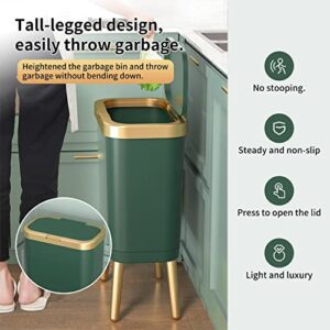 Trash Can with Lid, Plastic Garbage Can with Push Button, Modern Waste Basket for Kitchen, Slim Bedroom Garbage Bin, 15L Bathroom Trash Can for Home, Living Room, Toilet, Office (Gold Edge)