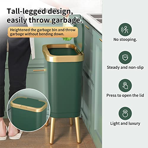 Trash Can with Lid, Plastic Garbage Can with Push Button, Modern Waste Basket for Kitchen, Slim Bedroom Garbage Bin, 15L Bathroom Trash Can for Home, Living Room, Toilet, Office (Gold Edge)