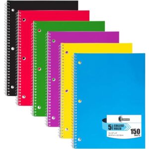 rosmonde 5 subject spiral notebook college ruled, 6 pack, 300 pages (150 sheets), 8" x 10-1/2", school & office note books, sturdy spiral bound, soft cover, assorted fun colors, 5 subject notebooks