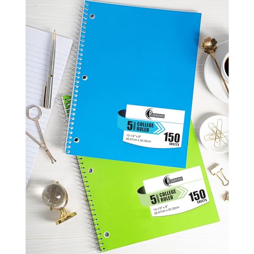 Rosmonde 5 Subject Spiral Notebook College Ruled, 6 Pack, 300 Pages (150 Sheets), 8" x 10-1/2", School & Office Note Books, Sturdy Spiral Bound, Soft Cover, Assorted Fun Colors, 5 Subject Notebooks