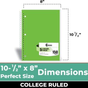 Rosmonde 5 Subject Spiral Notebook College Ruled, 6 Pack, 300 Pages (150 Sheets), 8" x 10-1/2", School & Office Note Books, Sturdy Spiral Bound, Soft Cover, Assorted Fun Colors, 5 Subject Notebooks