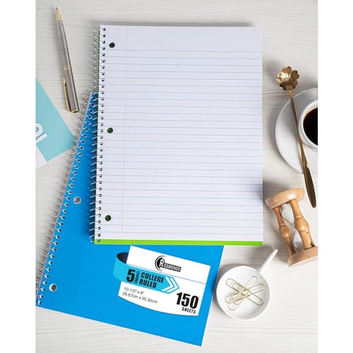 Rosmonde 5 Subject Spiral Notebook College Ruled, 6 Pack, 300 Pages (150 Sheets), 8" x 10-1/2", School & Office Note Books, Sturdy Spiral Bound, Soft Cover, Assorted Fun Colors, 5 Subject Notebooks