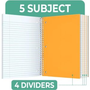 Rosmonde 5 Subject Spiral Notebook College Ruled, 6 Pack, 300 Pages (150 Sheets), 8" x 10-1/2", School & Office Note Books, Sturdy Spiral Bound, Soft Cover, Assorted Fun Colors, 5 Subject Notebooks