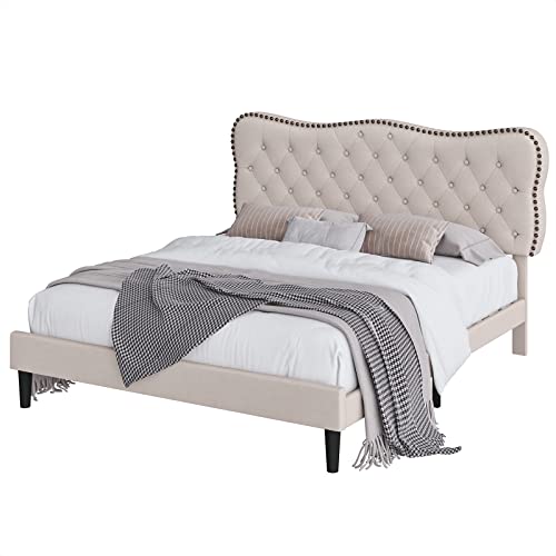 HOSTACK Full Size Bed Frame, Linen Fabric Upholstered Platform with Adjustable Headboard, Diamond Tufted Mattress Foundation with Wood Slats, Easy Assembly, No Box Spring Needed, Beige