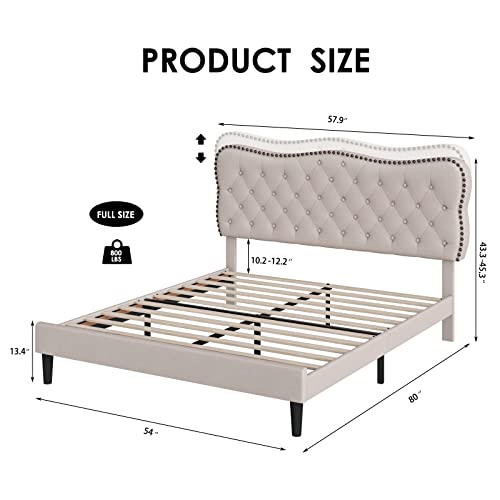 HOSTACK Full Size Bed Frame, Linen Fabric Upholstered Platform with Adjustable Headboard, Diamond Tufted Mattress Foundation with Wood Slats, Easy Assembly, No Box Spring Needed, Beige