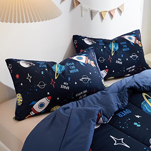 beeweed 2 Piece Kid Comforter Set Twin Size, Space Rocket Bedding Set for Teen Boys Girls