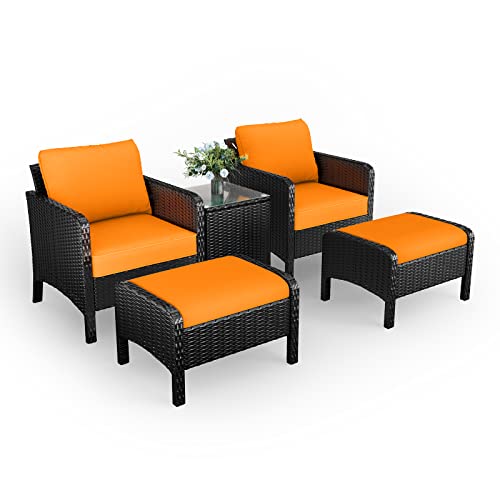 Arlopu 5Pieces Patio Wicker Furniture Sets, Outdoor PE Rattan Conversation Chat Chair Set with Ottoman and Side Table, for Lawn, Garden, Balcony, Yard