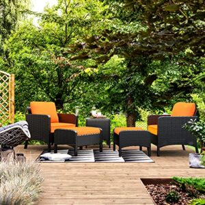 Arlopu 5Pieces Patio Wicker Furniture Sets, Outdoor PE Rattan Conversation Chat Chair Set with Ottoman and Side Table, for Lawn, Garden, Balcony, Yard