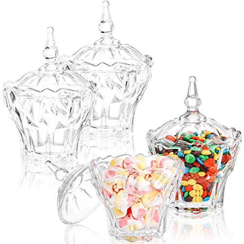 DEAYOU 4 Pack Decorative Candy Jars, Glass Candy Dish with Lid, Crystal Diamond Glass Jar, Small Covered Cookie Jar Sugar Bowl, Clear Biscuit Barrel, Vintage Food Storage Jar for Desk, 9 OZ