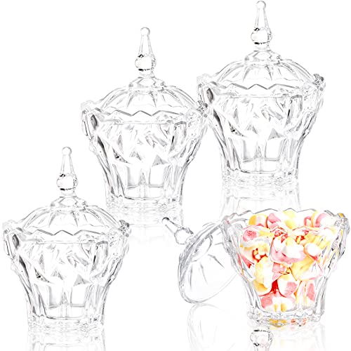 DEAYOU 4 Pack Decorative Candy Jars, Glass Candy Dish with Lid, Crystal Diamond Glass Jar, Small Covered Cookie Jar Sugar Bowl, Clear Biscuit Barrel, Vintage Food Storage Jar for Desk, 9 OZ