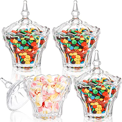 DEAYOU 4 Pack Decorative Candy Jars, Glass Candy Dish with Lid, Crystal Diamond Glass Jar, Small Covered Cookie Jar Sugar Bowl, Clear Biscuit Barrel, Vintage Food Storage Jar for Desk, 9 OZ