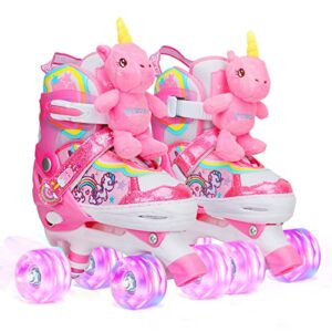 unicorn doll kids toddler roller skates for girls,weskifan quad skating shoes with shiny light up wheels&adjustable sizes beginners rollerskates for birthday xmas gifts,patines para niñas niños