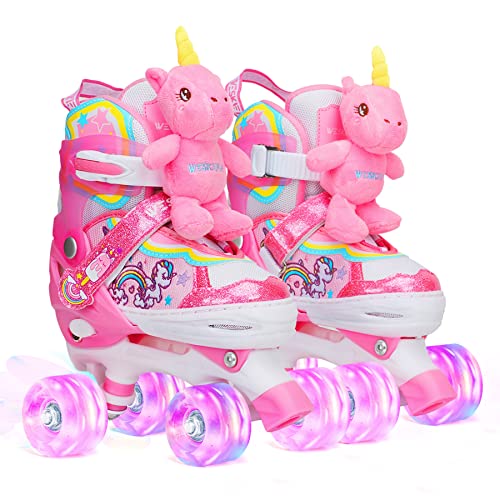 Unicorn Doll Kids Toddler Roller Skates for Girls,WESKIFAN Quad Skating Shoes with Shiny Light up Wheels&Adjustable Sizes Beginners rollerskates for Birthday Xmas Gifts,Patines para Niñas Niños