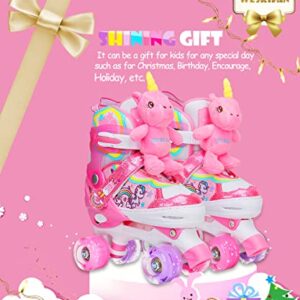 Unicorn Doll Kids Toddler Roller Skates for Girls,WESKIFAN Quad Skating Shoes with Shiny Light up Wheels&Adjustable Sizes Beginners rollerskates for Birthday Xmas Gifts,Patines para Niñas Niños