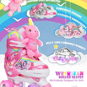 Unicorn Doll Kids Toddler Roller Skates for Girls,WESKIFAN Quad Skating Shoes with Shiny Light up Wheels&Adjustable Sizes Beginners rollerskates for Birthday Xmas Gifts,Patines para Niñas Niños