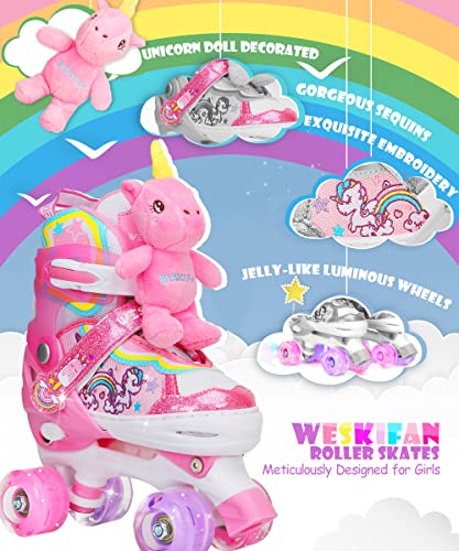 Unicorn Doll Kids Toddler Roller Skates for Girls,WESKIFAN Quad Skating Shoes with Shiny Light up Wheels&Adjustable Sizes Beginners rollerskates for Birthday Xmas Gifts,Patines para Niñas Niños