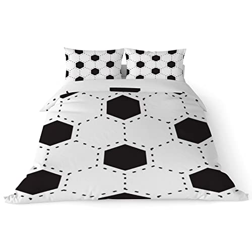 Duvet Cover Sets California King -White Black Football Soccer-Bedding Comforter Set Breathable SetsSoft Microfiber 3 Pcs