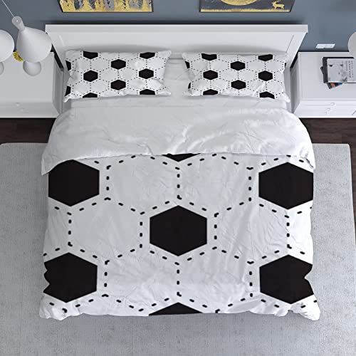 Duvet Cover Sets California King -White Black Football Soccer-Bedding Comforter Set Breathable SetsSoft Microfiber 3 Pcs