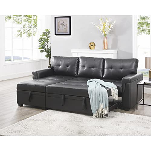 Naomi Home Modern Sectional Sofa with Storage Chaise Black/Air Leather
