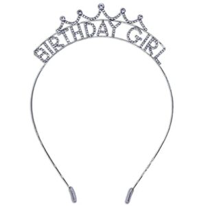 frog sac birthday girl crown headband for girls, rhinestone princess tiara for kids, tiaras for women, crown hair accessories for children, teen girl headbands (silver-birthday girl)