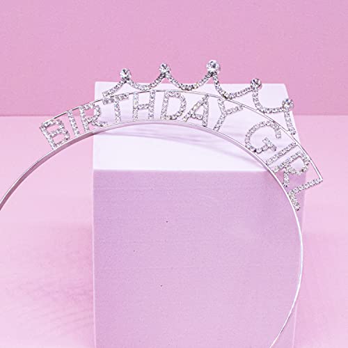 FROG SAC Birthday Girl Crown Headband for Girls, Rhinestone Princess Tiara for Kids, Tiaras for Women, Crown Hair Accessories for Children, Teen Girl Headbands (Silver-Birthday Girl)