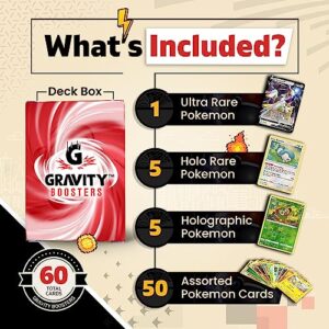 Ultra Rare Bundle | 60 Cards | for Pokemon Card Collectors | 10x Holo Cards & 1x Ultra Rare Guaranteed, Legendary, EX, GX, V, VMAX, or VSTAR | Bundled w/GRAVITY BOOSTERS Deck Box